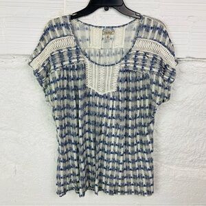 Lucky Brand Navy and Cream boho lace knit detail peasant Blouse size 3X